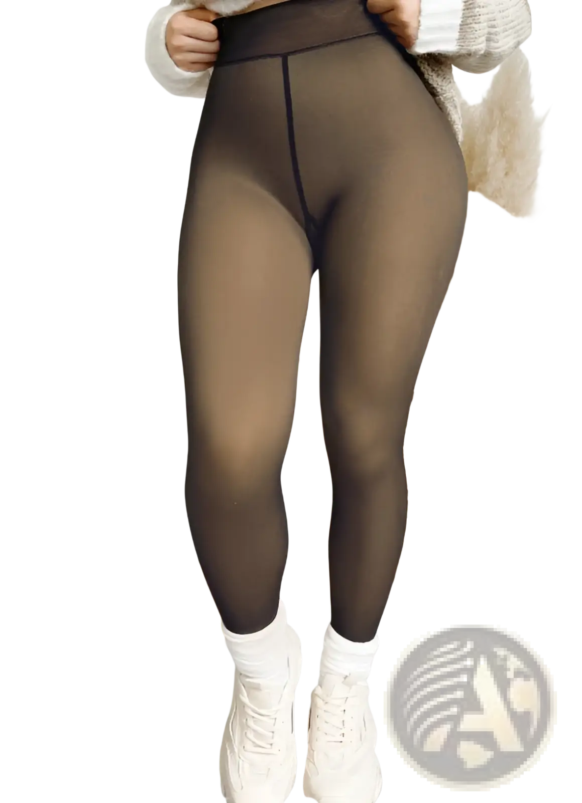 Plus size black sheer tights with a high waistband featuring fake transparent fleece lining for added warmth