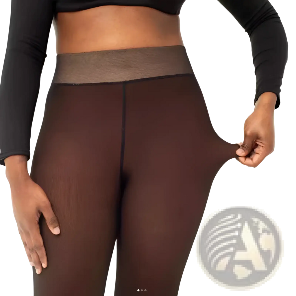 Plus size brown sheer fake transparent fleece lined leggings with textured opaque waistband visible from the back side