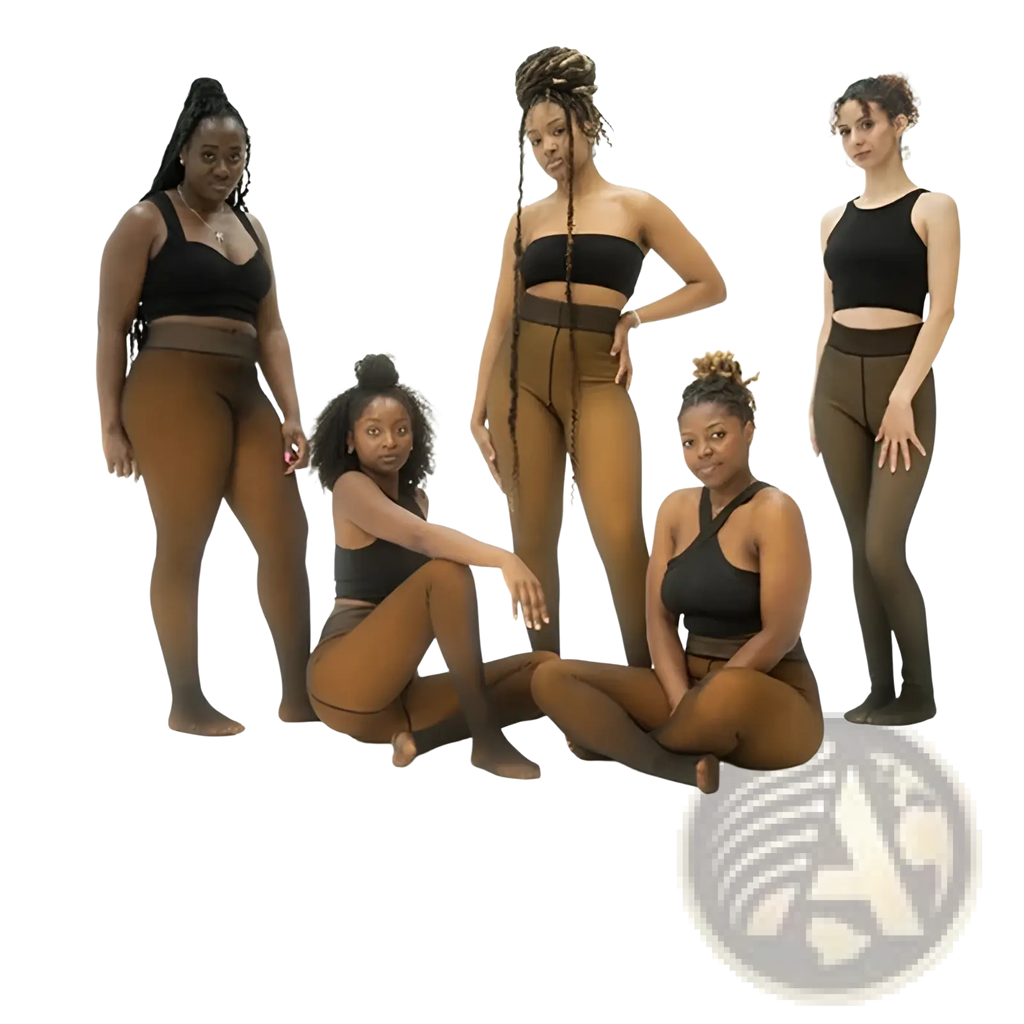 Five women pose in plus size black crop tops and brown gradient fake transparent fleece lined leggings