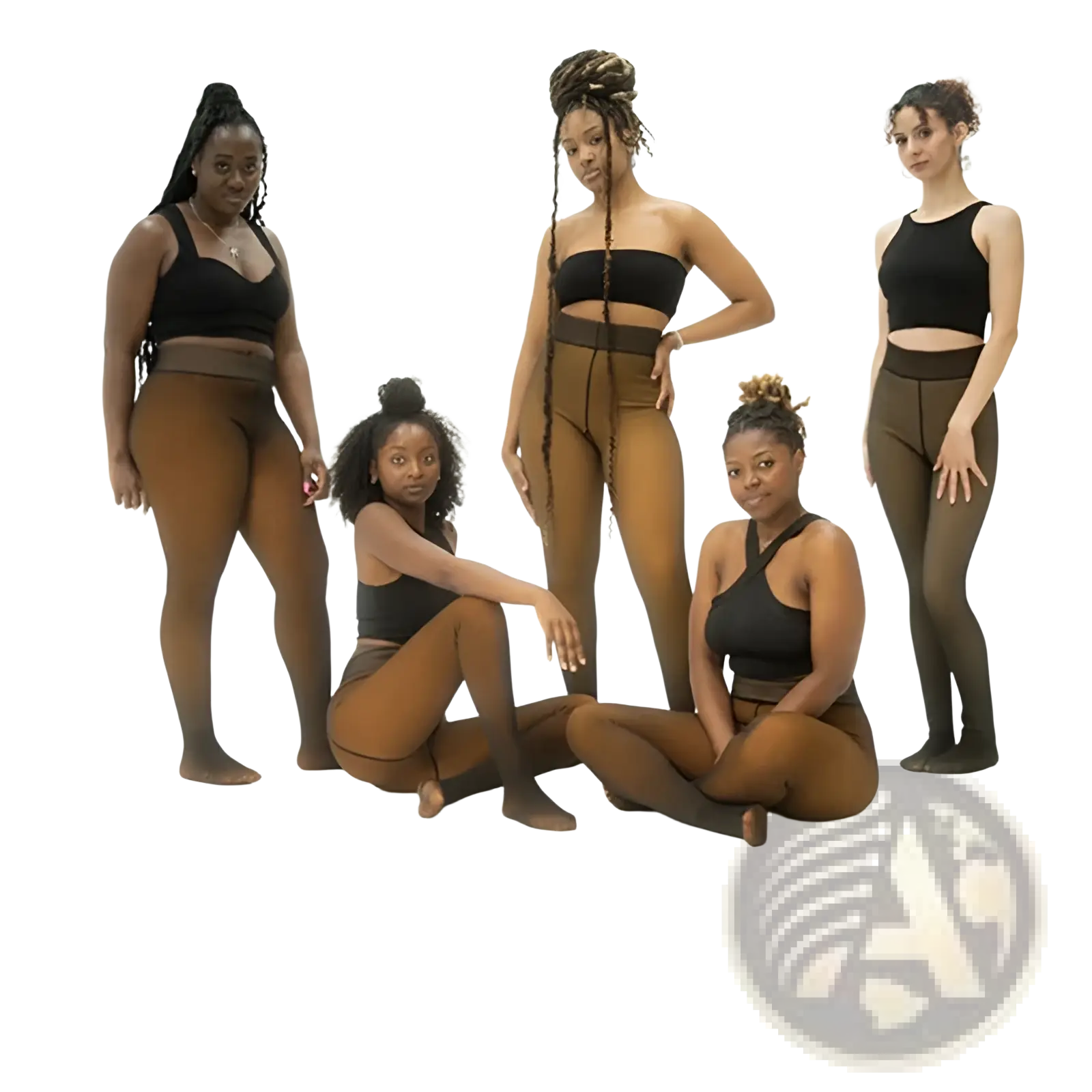 Five women pose in plus size black crop tops and brown gradient fake transparent fleece lined leggings