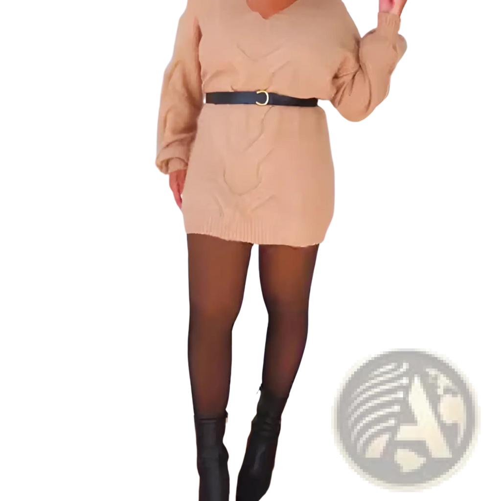 A honey-colored cable knit sweater dress with v neckline and long sleeves cinched by a black belt
