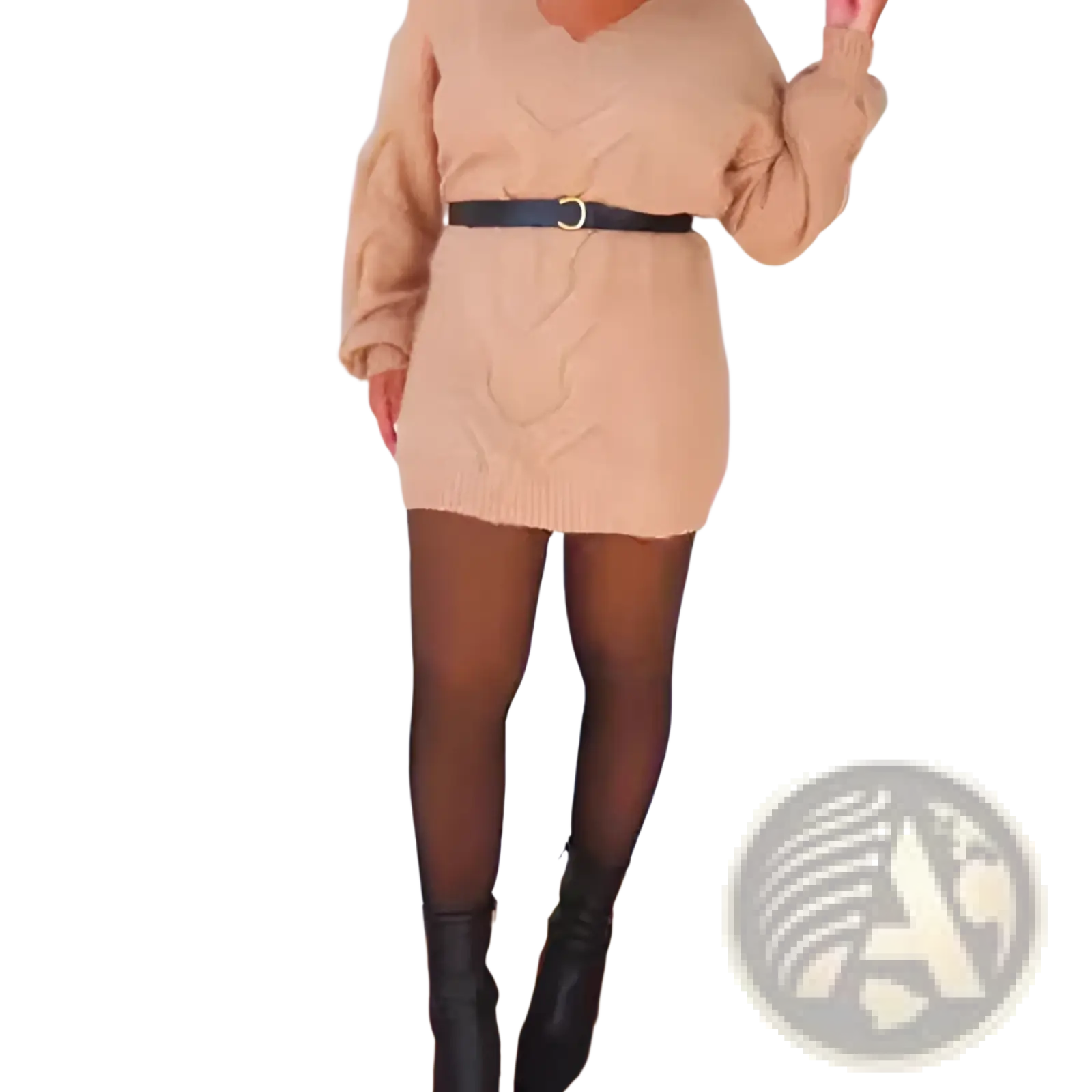A honey-colored cable knit sweater dress with v neckline and long sleeves cinched by a black belt