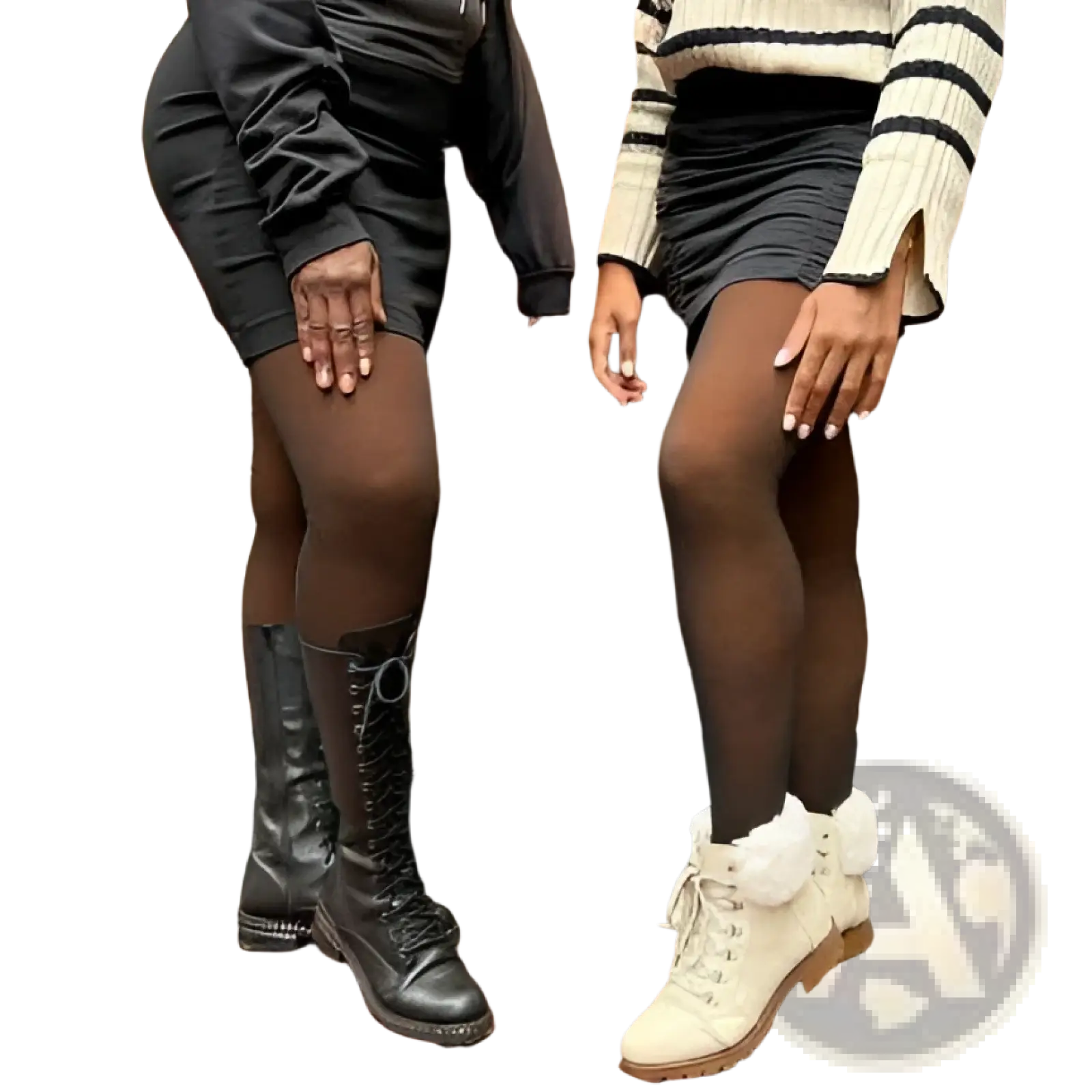 Black lace-up combat boots with silver hardware paired with plus size fake transparent fleece lined leggings