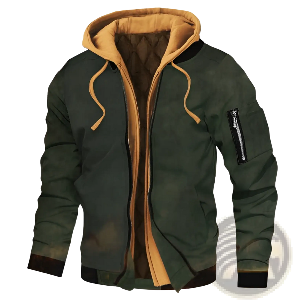 Plus size fleece lined hooded bomber jacket in dark green with tan hood, quilted lining, and black zipper sleeve accents