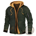Plus size fleece lined hooded bomber jacket in dark green with tan hood, quilted lining, and black zipper sleeve accents