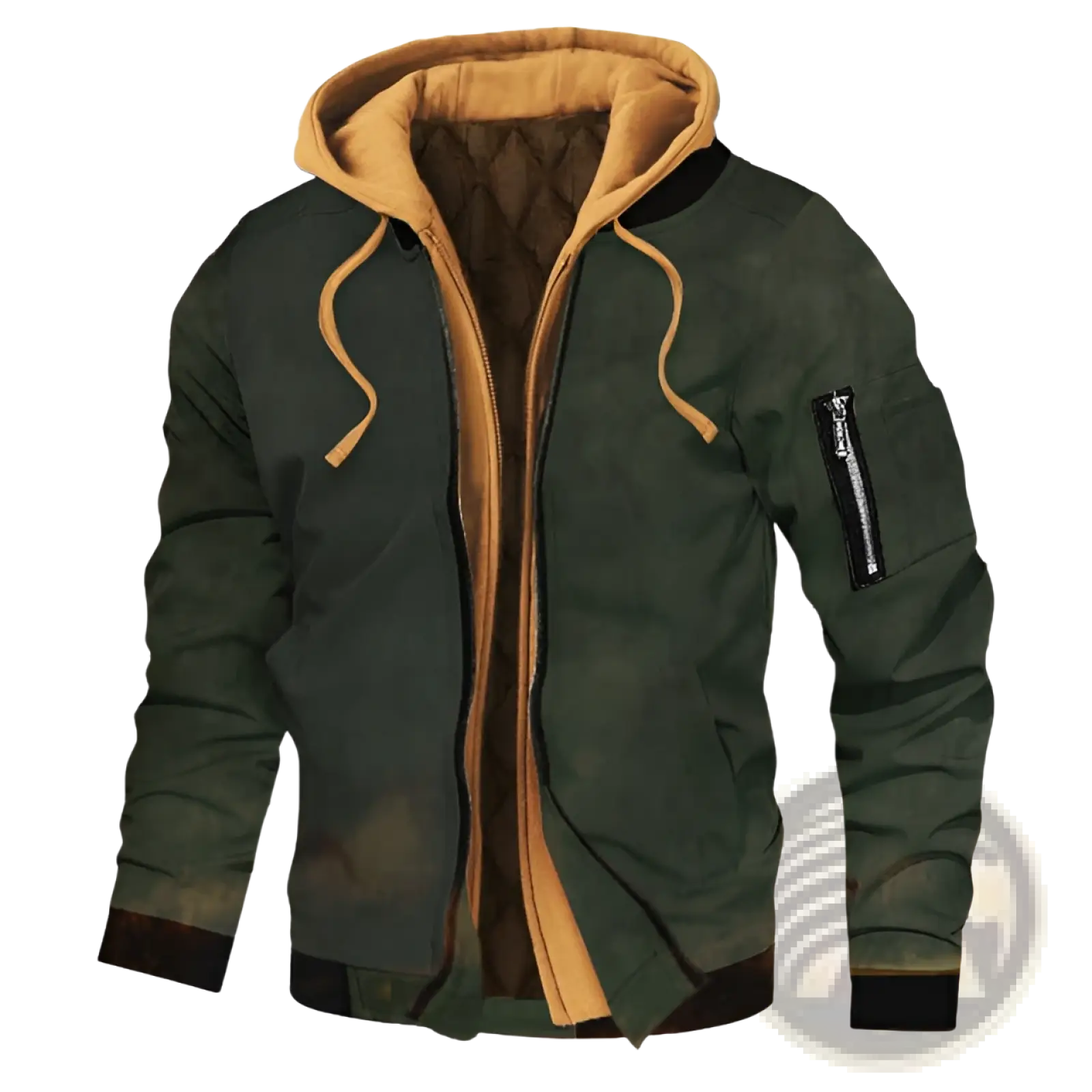 Plus size fleece lined hooded bomber jacket in dark green with tan hood, quilted lining, and black zipper sleeve accents