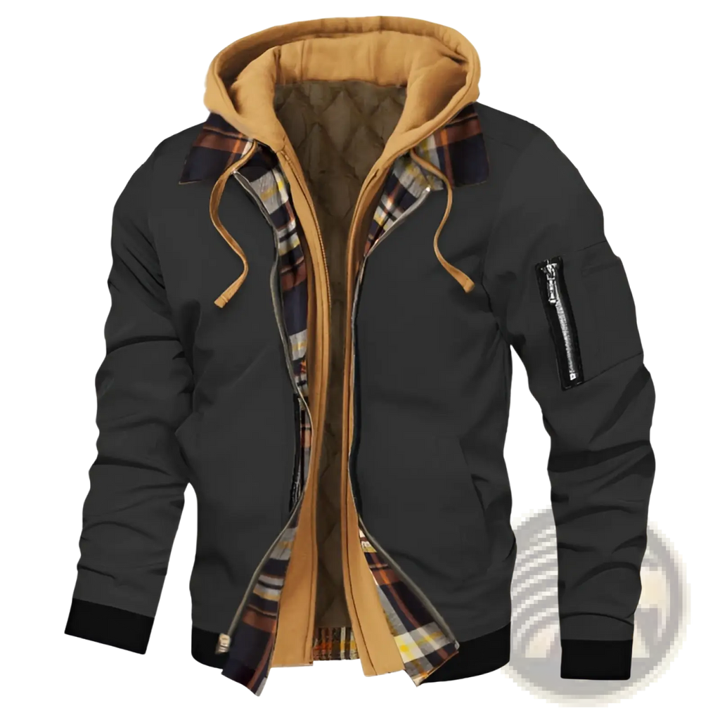 Plus size black bomber jacket with tan fleece lined hood and plaid interior lining perfect for cold weather