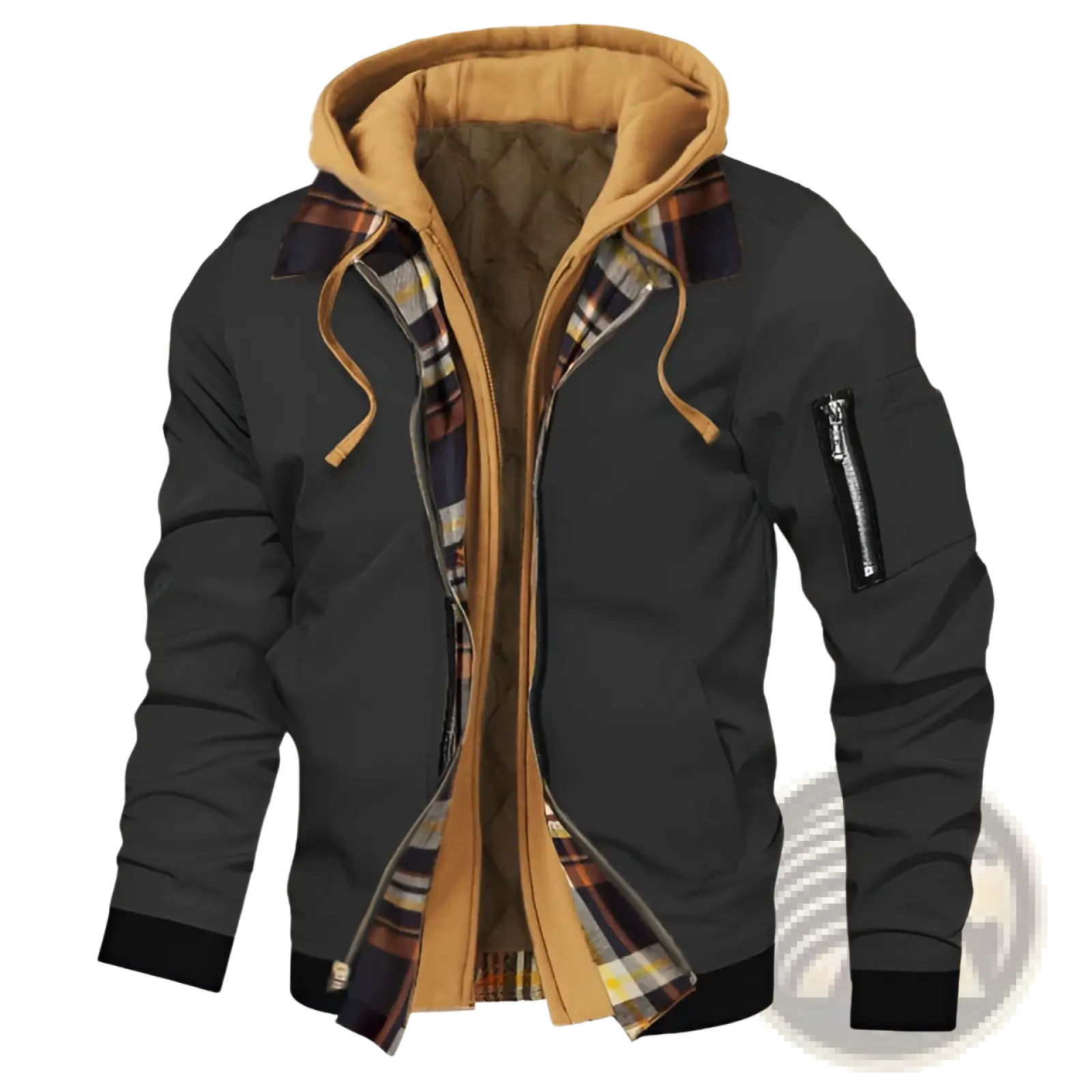 Plus size black bomber jacket with tan fleece lined hood and plaid interior lining perfect for cold weather