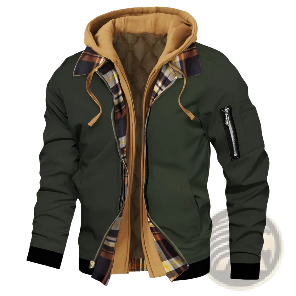 Dark green plus size fleece lined hooded bomber jacket with plaid lining tan interior and black ribbed cuffs and hem