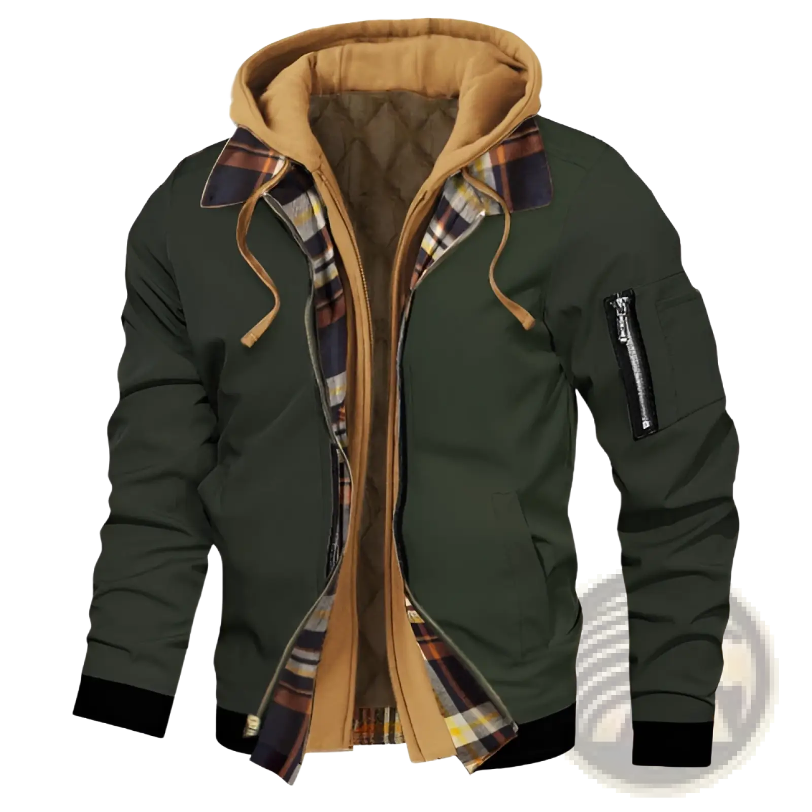 Dark green plus size fleece lined hooded bomber jacket with plaid lining tan interior and black ribbed cuffs and hem