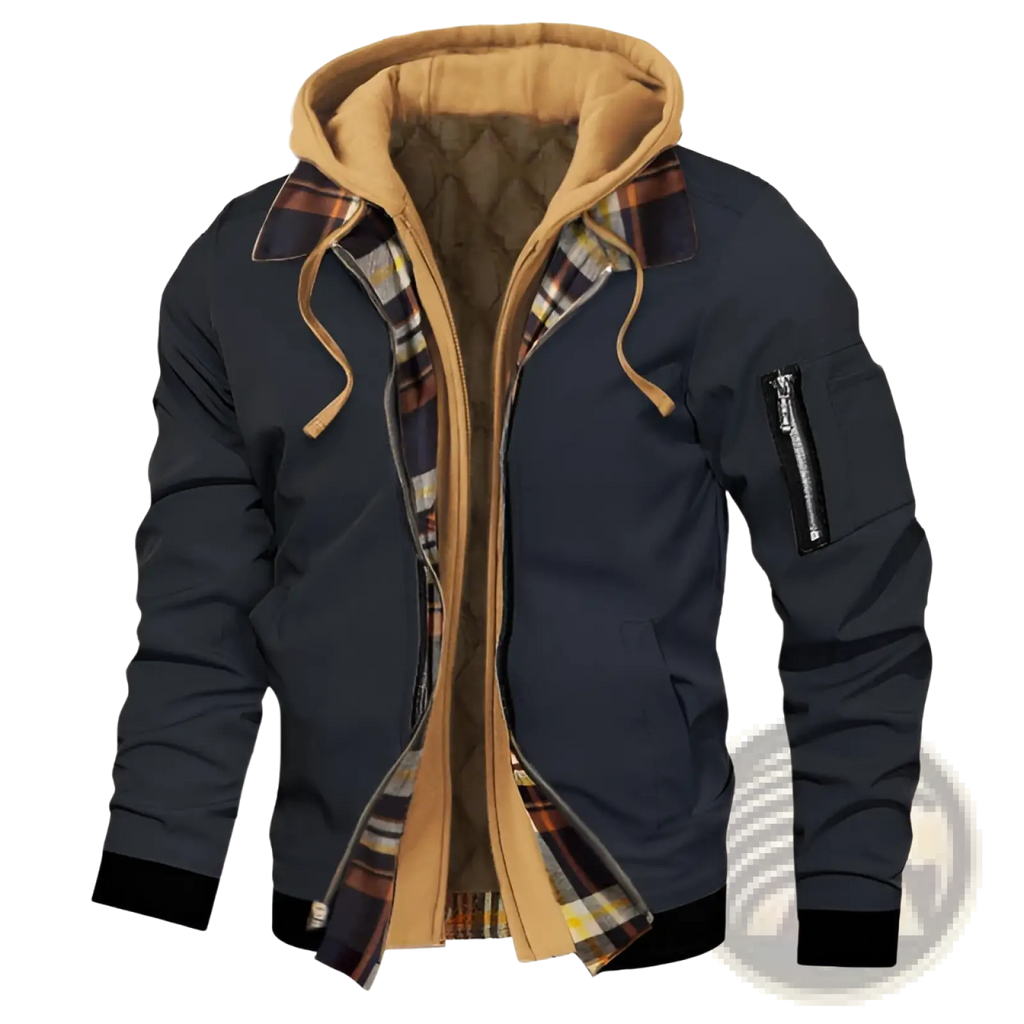 Plus size dark navy bomber jacket with tan fleece lined hood and plaid interior lining for cold weather wear