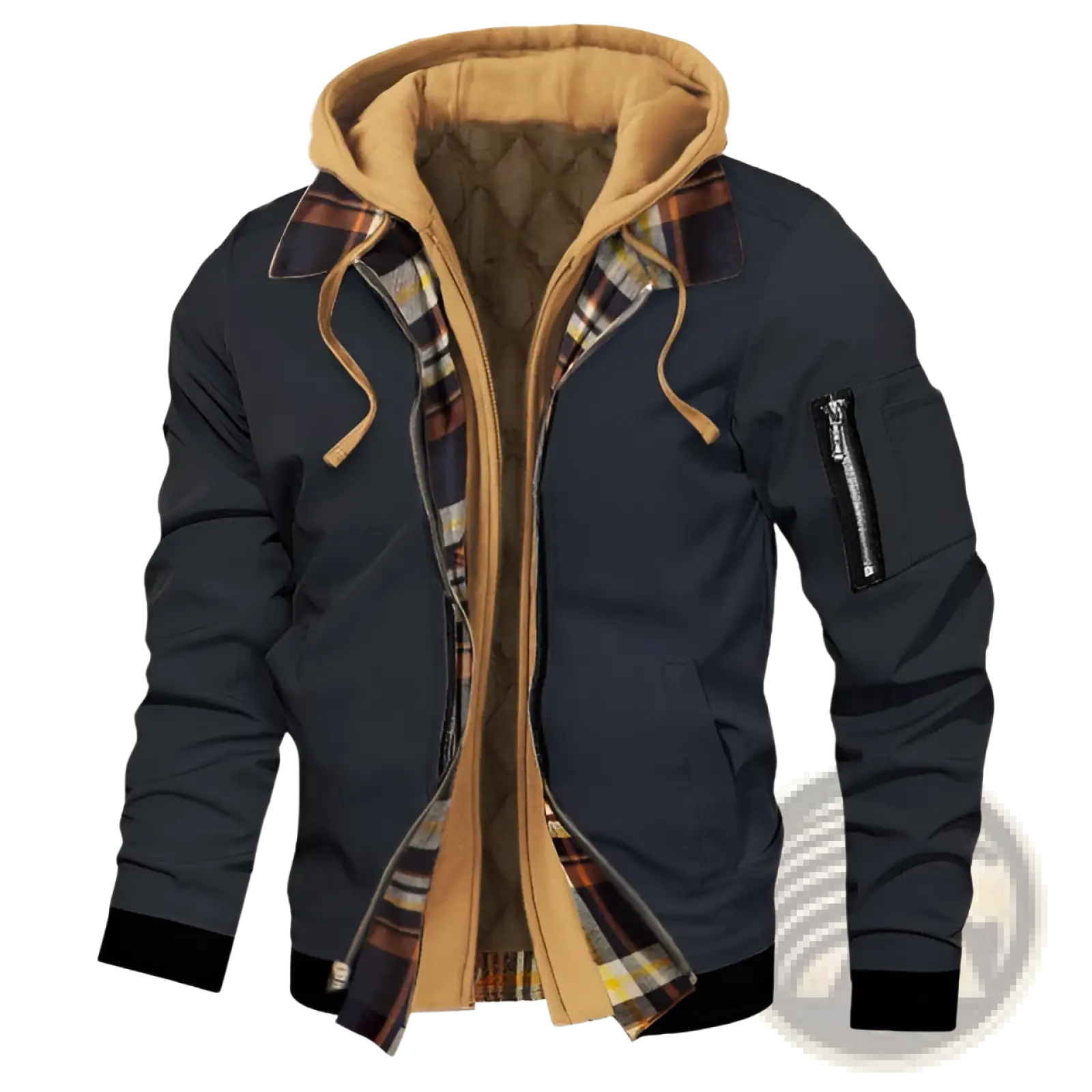 Plus size dark navy bomber jacket with tan fleece lined hood and plaid interior lining for cold weather wear