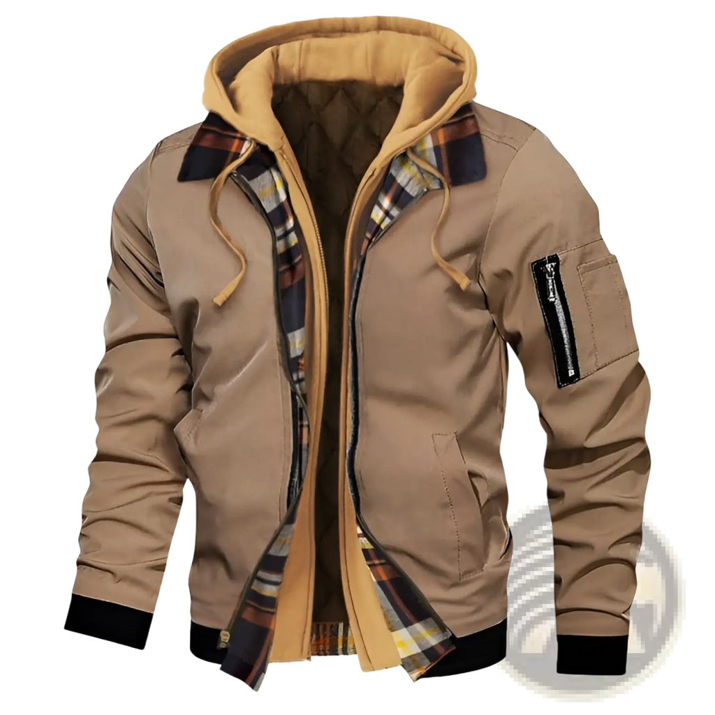 Plus size tan fleece lined hooded bomber jacket with plaid lining and black trim on cuffs collar and hem