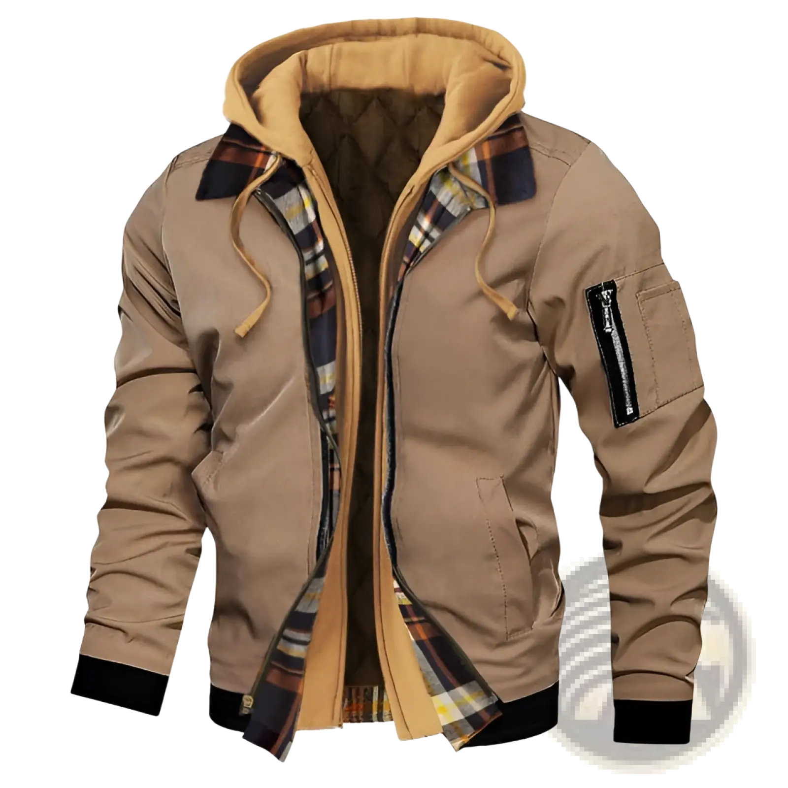 Plus size tan fleece lined hooded bomber jacket with plaid lining and black trim on cuffs collar and hem