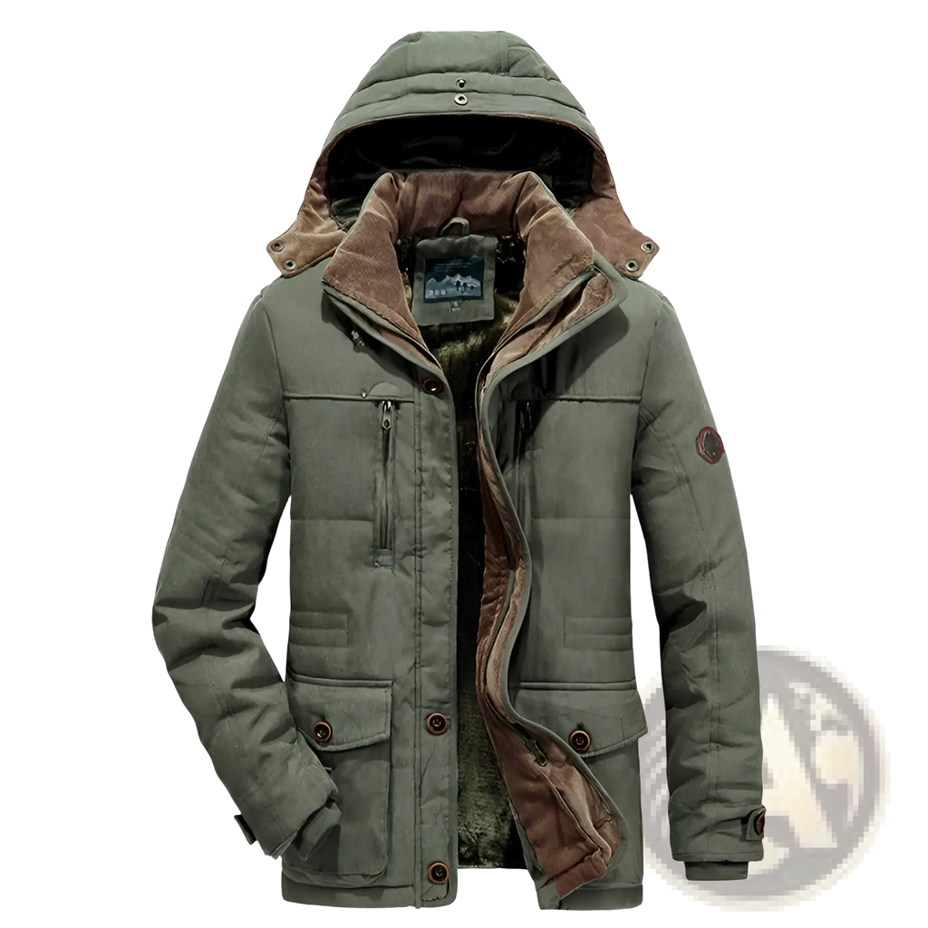Plus size fleece lined winter jacket in olive green quilted fabric with brown fleece hood and dark brown buttons
