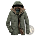 Plus size fleece lined winter jacket in olive green quilted fabric with brown fleece hood and dark brown buttons