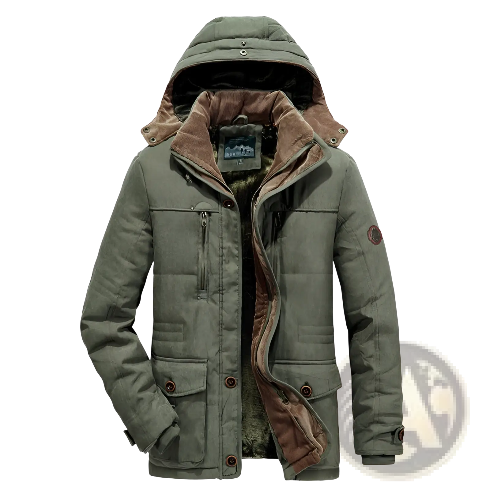 Plus size fleece lined winter jacket in olive green quilted fabric with brown fleece hood and dark brown buttons