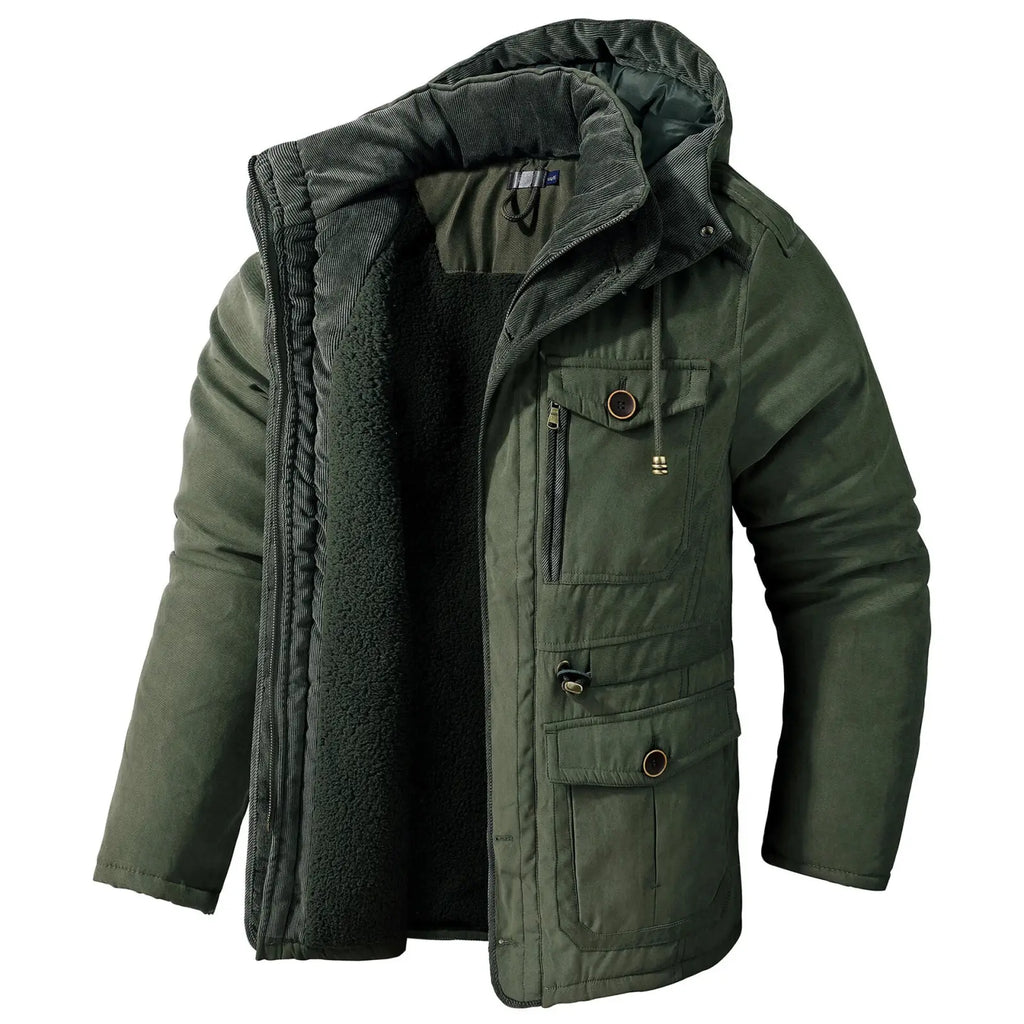 Plus size fleece lined winter jacket in olive green with insulated hood corduroy collar and plush fleece interior