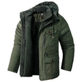 Plus size fleece lined winter jacket in olive green with insulated hood corduroy collar and plush fleece interior