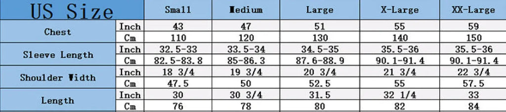 Us size chart for plus size fleece lined winter jacket showing measurements in inches and centimeters from small to xx-large