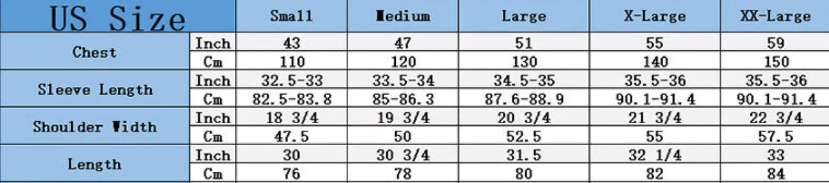 Us size chart for plus size fleece lined winter jacket showing measurements in inches and centimeters from small to xx-large