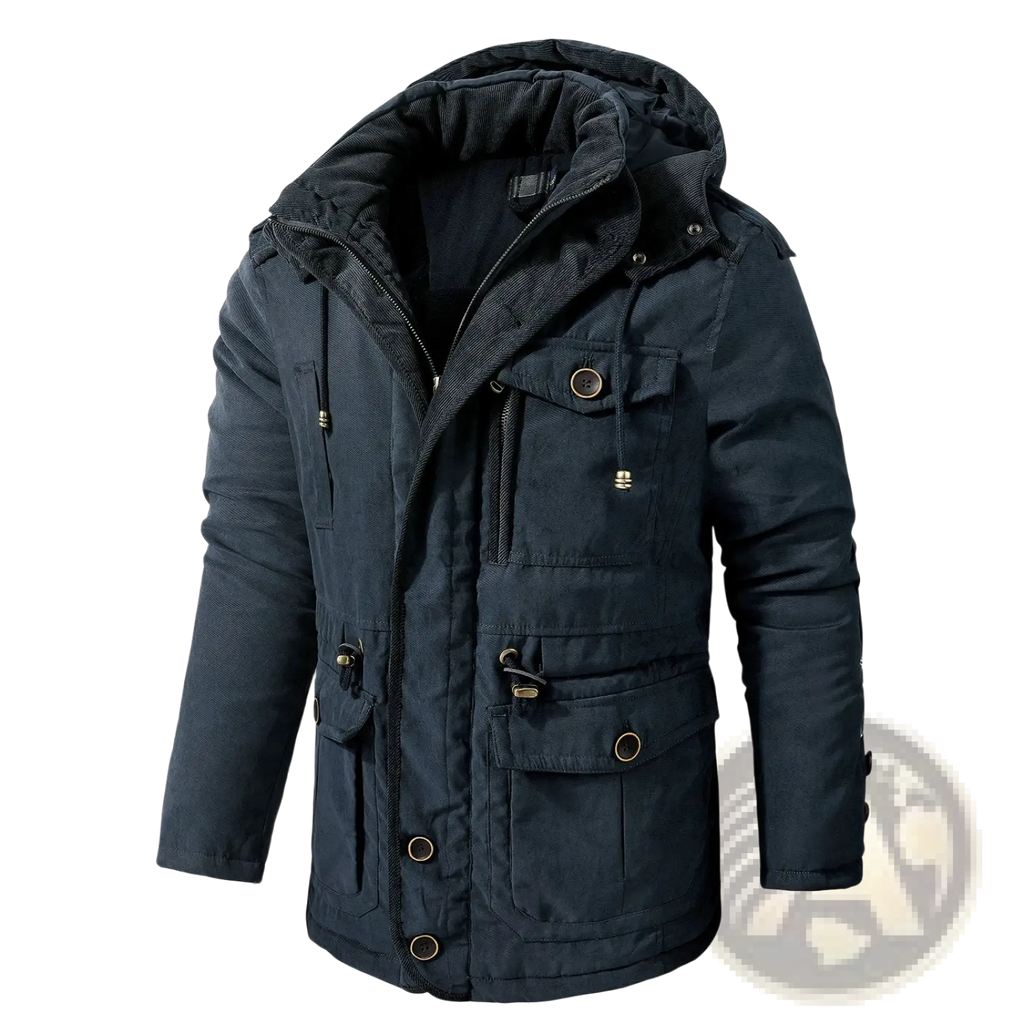 Plus size fleece lined winter jacket in dark navy blue with hood multiple pockets and gold toned buttons