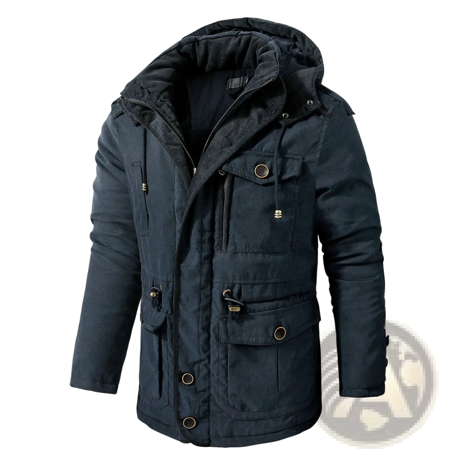 Plus size fleece lined winter jacket in dark navy blue with hood multiple pockets and gold toned buttons