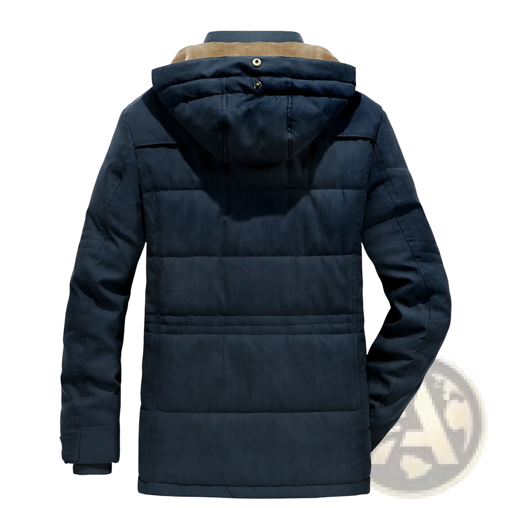 Plus size fleece lined winter jacket in dark navy quilted fabric with plush tan-lined hood for cold weather use
