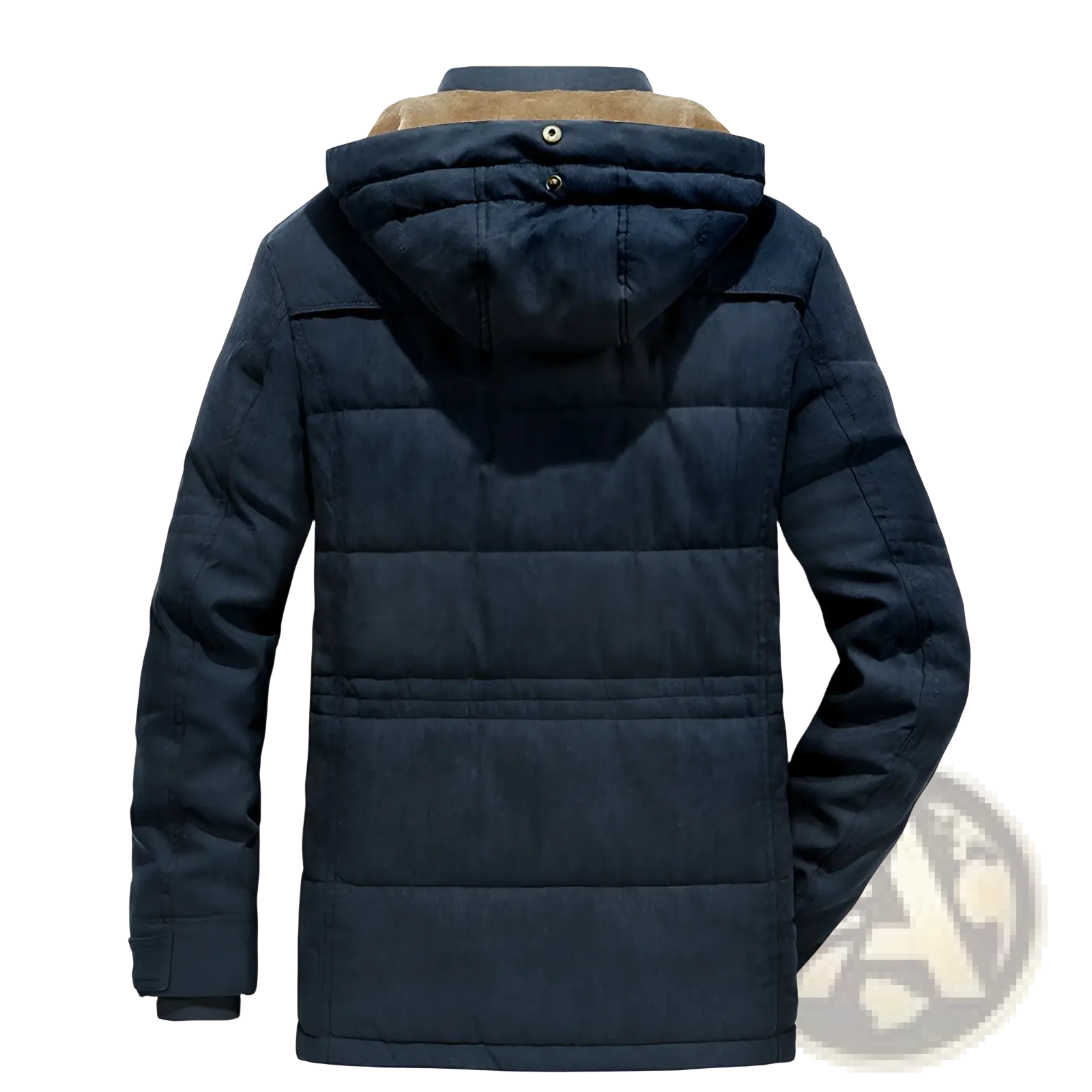 Plus size fleece lined winter jacket in dark navy quilted fabric with plush tan-lined hood for cold weather use