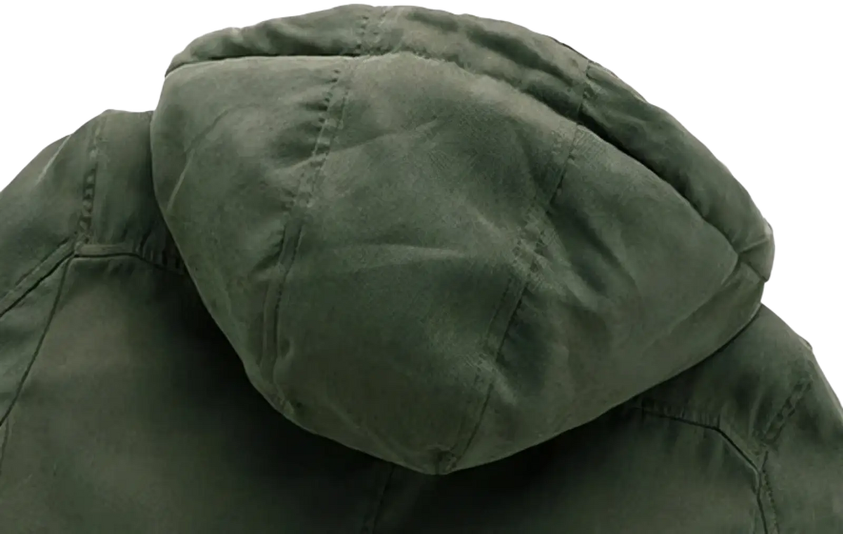 Plus size fleece lined winter jacket with olive green quilted hood featuring stitched seams and soft padded texture