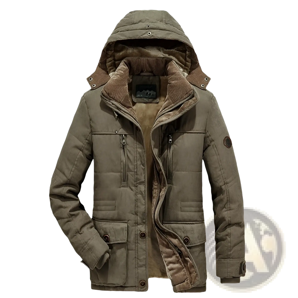 Plus size olive green quilted winter jacket with brown fleece lined hood and zippered front pockets for cold weather