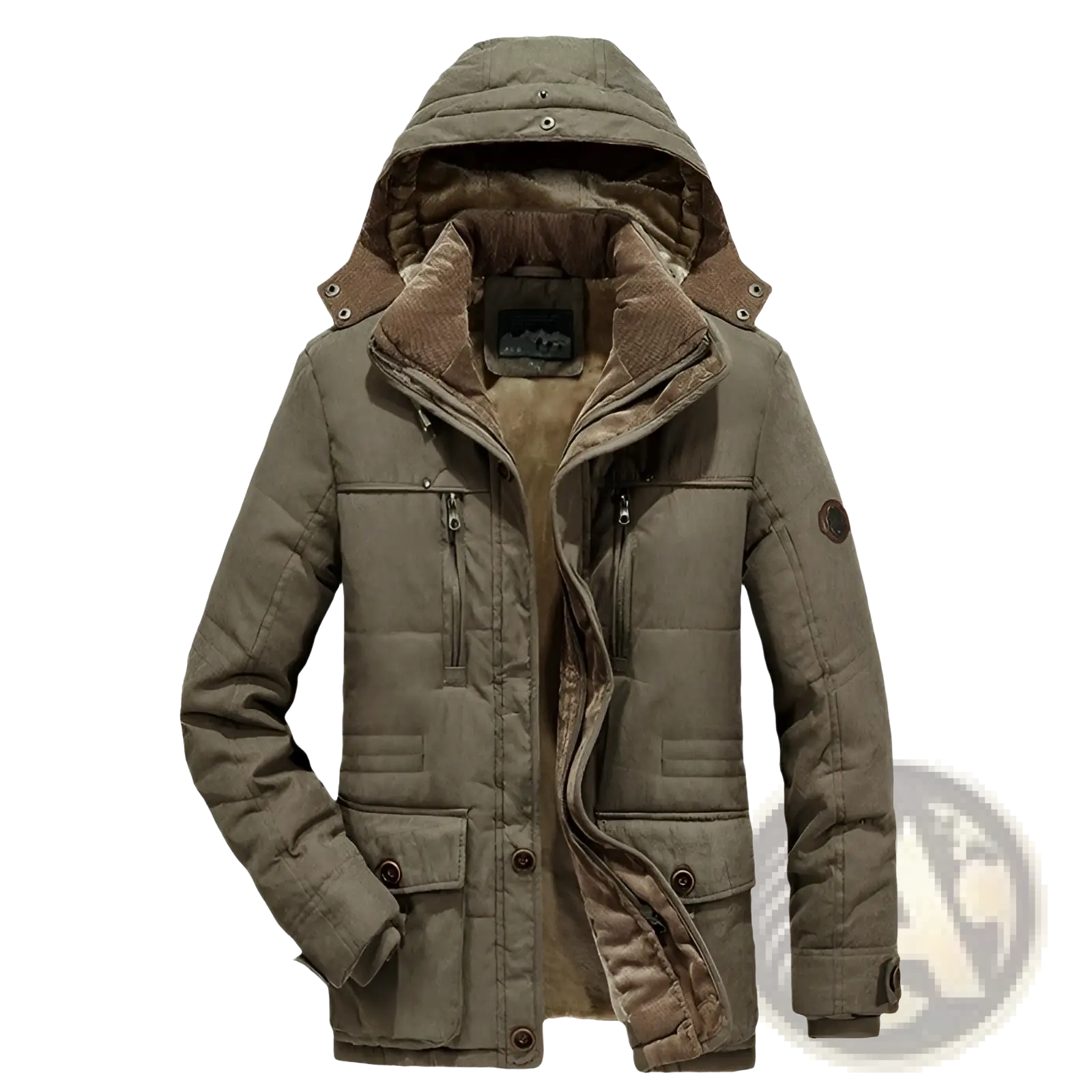Plus size olive green quilted winter jacket with brown fleece lined hood and zippered front pockets for cold weather