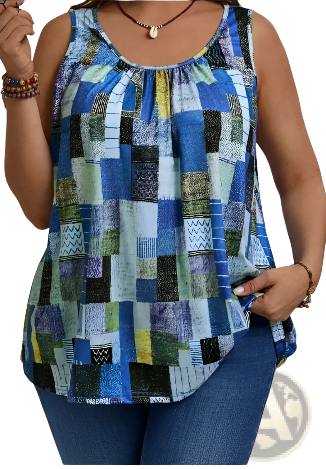 Plus size geometric print pleated sleeveless tank top in blue and green patchwork with a gathered neckline