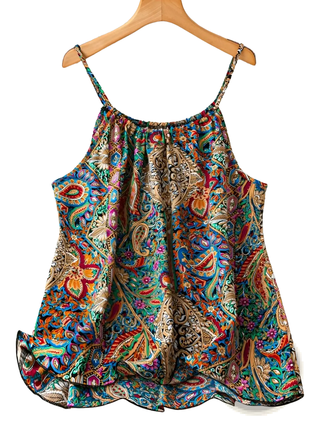 Plus size heart tank top in vibrant multi-colored paisley pattern sleeveless with thin straps and ruffled hemline