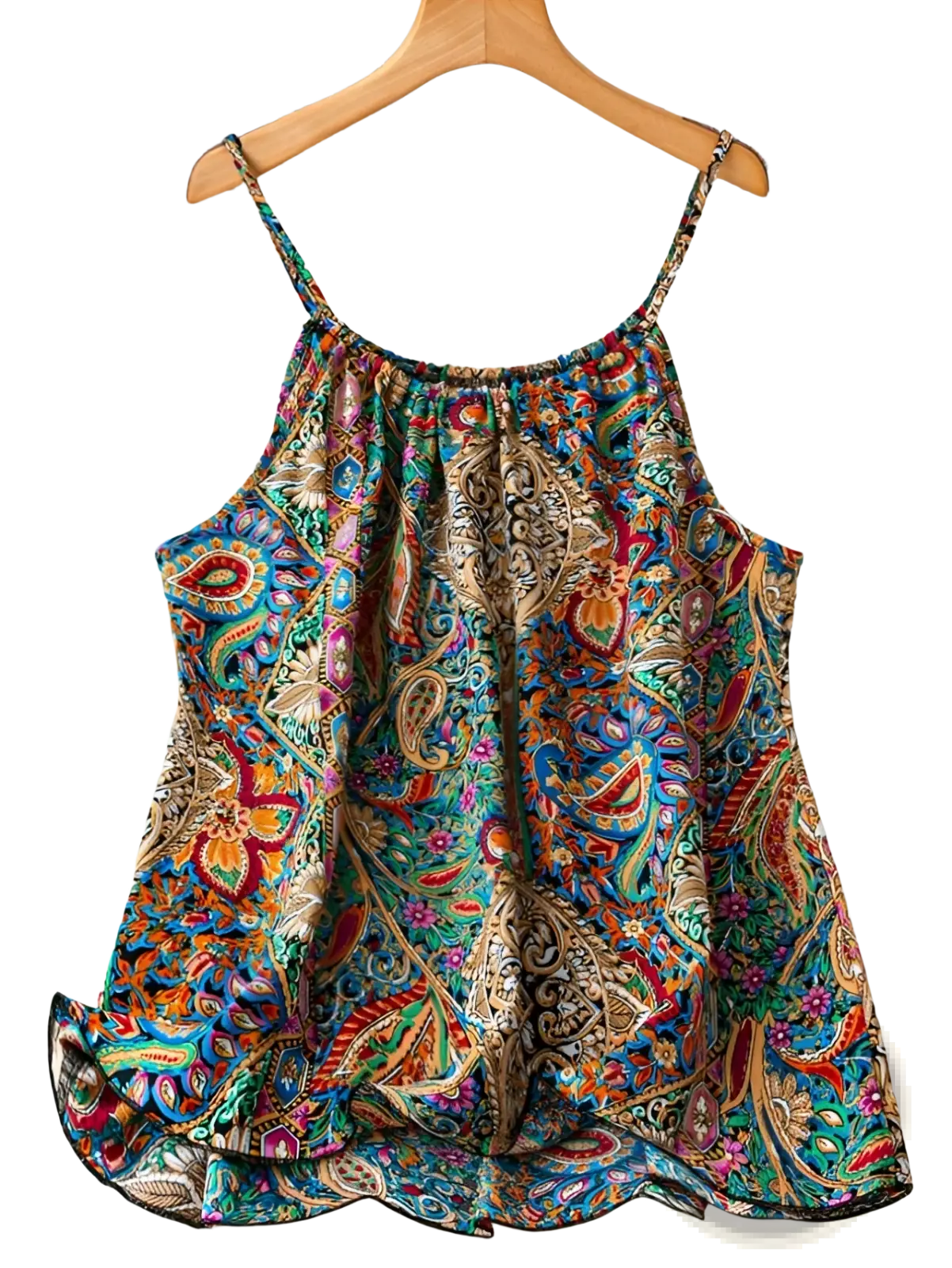 Plus size heart tank top in vibrant multi-colored paisley pattern sleeveless with thin straps and ruffled hemline