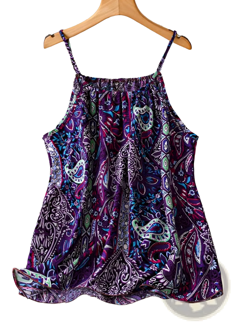 Plus size heart tank top featuring a purple paisley pattern spaghetti strap design with thin straps and a ruffled hem