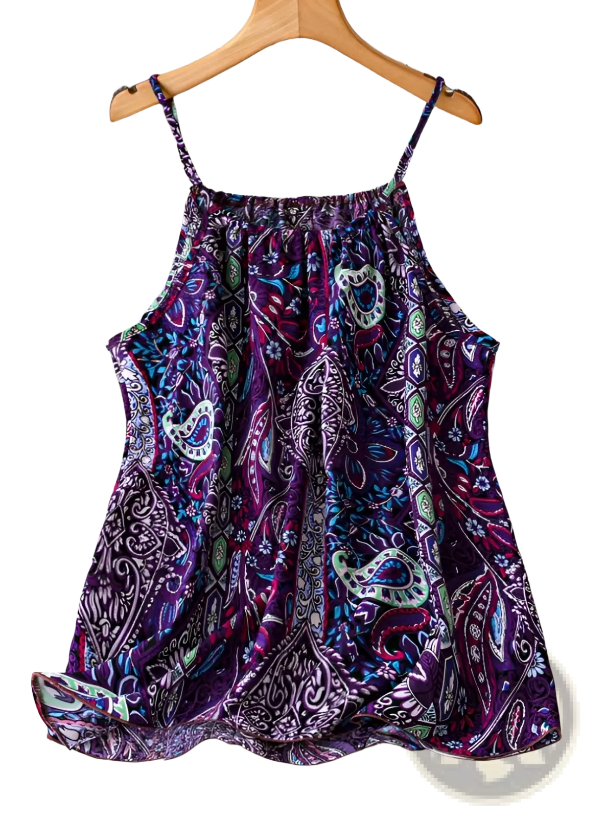 Plus size heart tank top featuring a purple paisley pattern spaghetti strap design with thin straps and a ruffled hem