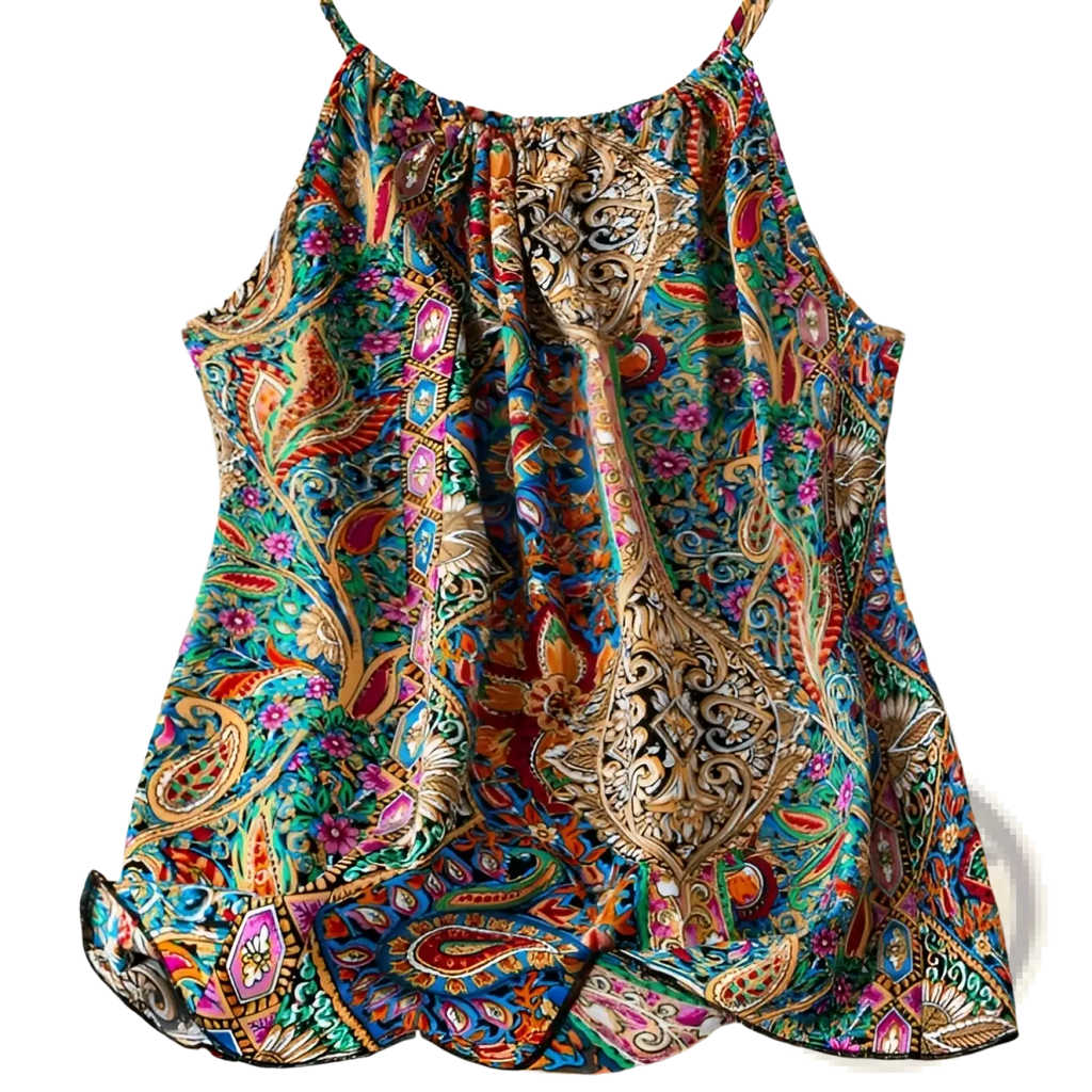 Plus size heart tank top with sleeveless flowing silhouette and intricate teal gold red and purple paisley pattern