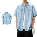 Plus size hip hop short sleeve shirt 8xl in light blue with a subtle grid pattern and two chest pockets