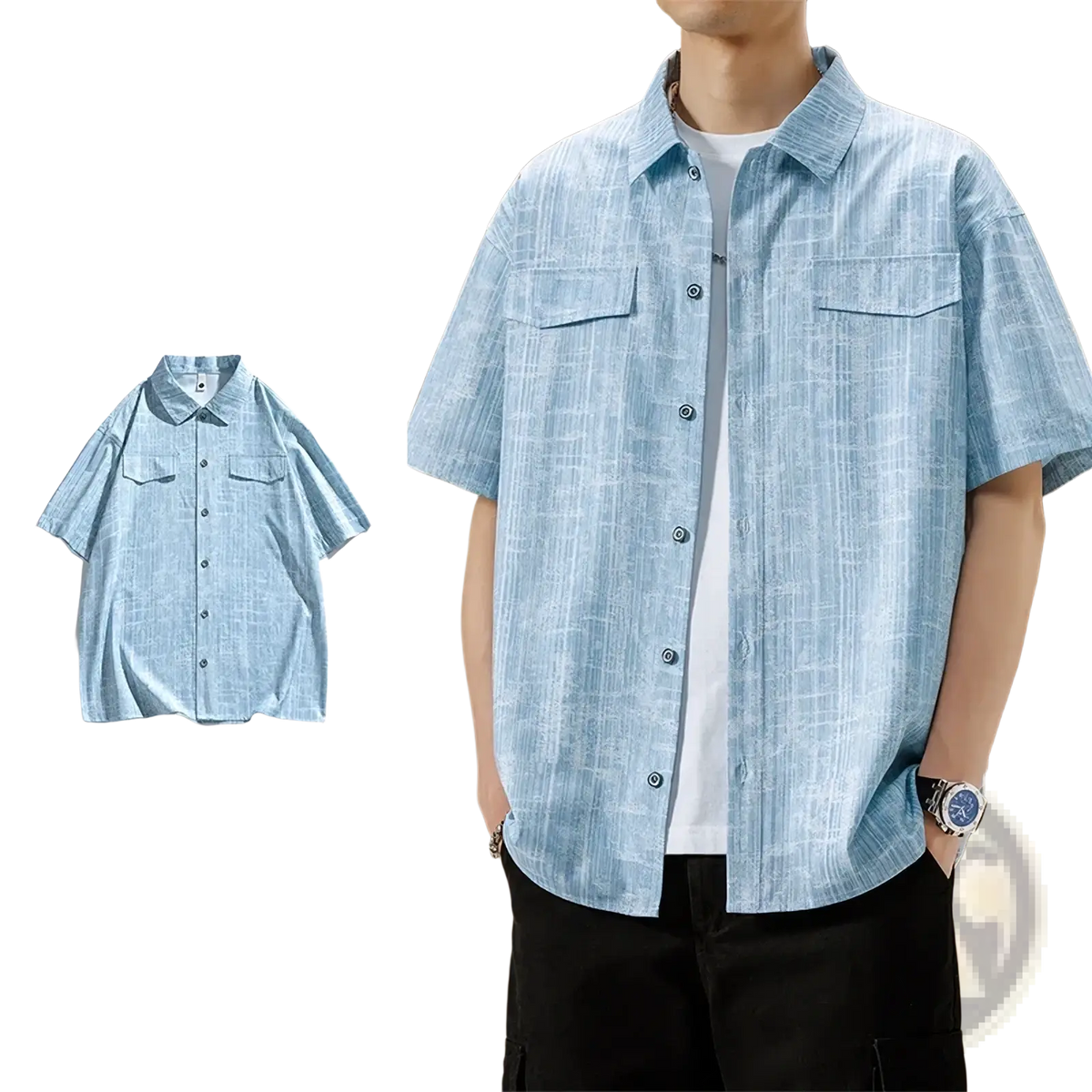 Plus size hip hop short sleeve shirt 8xl in light blue with a subtle grid pattern and two chest pockets