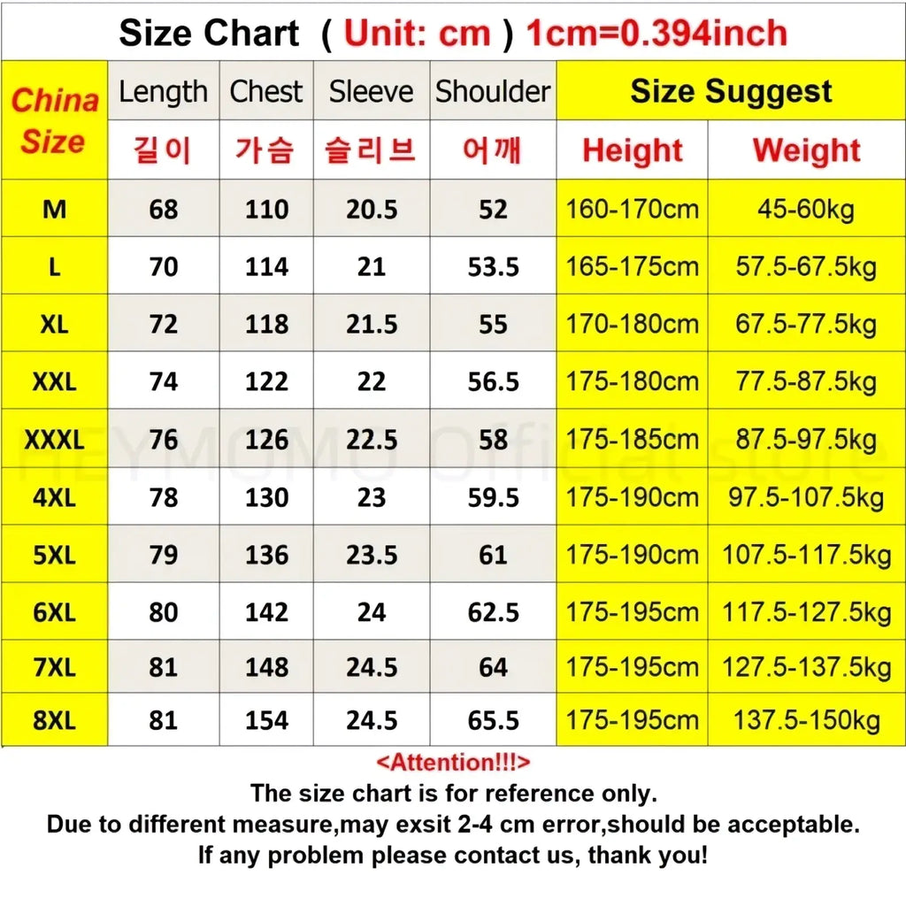 Size chart for plus size hip hop short sleeve shirt 8xl showing measurements in cm and height weight suggestions