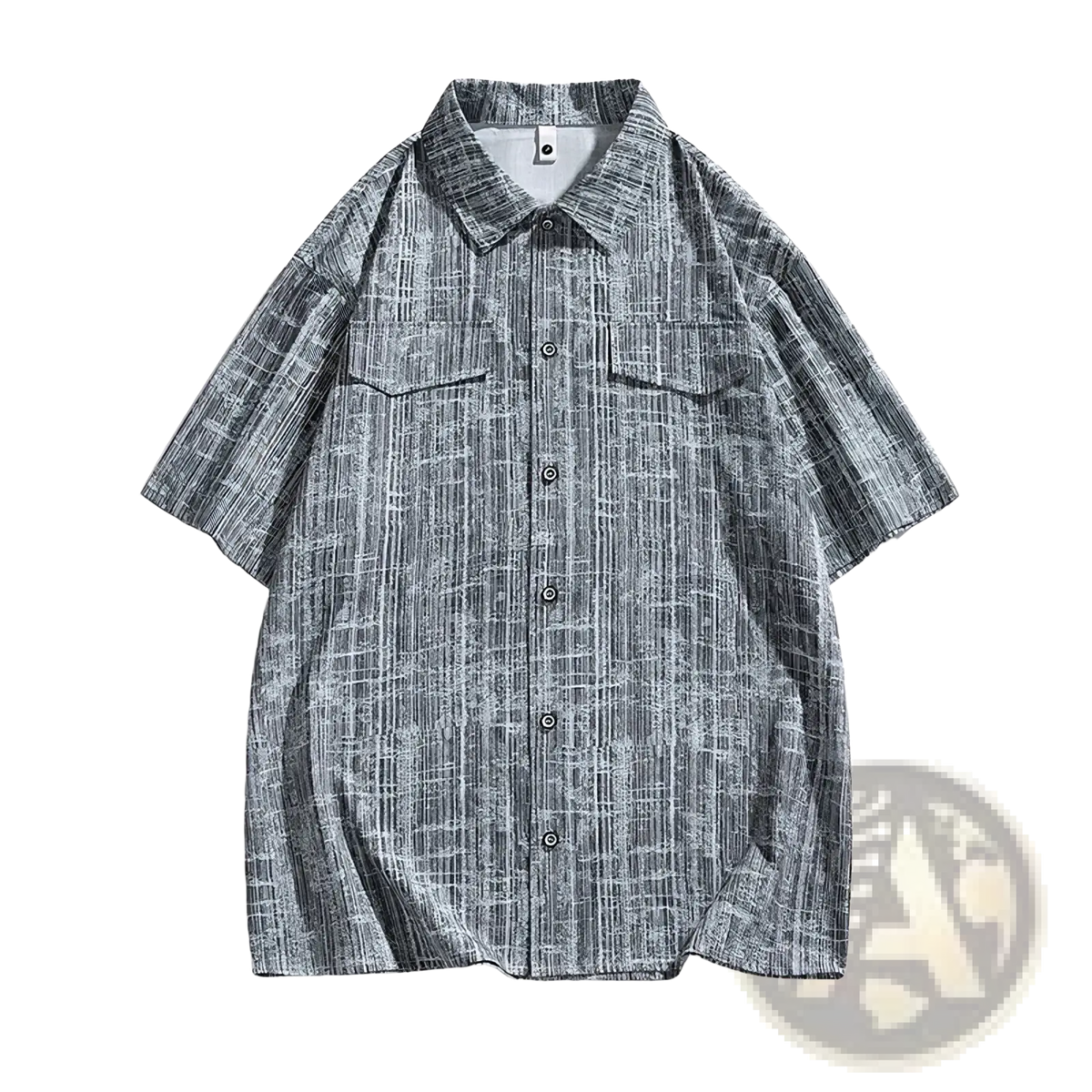 Plus size hip hop short sleeve button-up shirt in gray and white textured fabric with subtle grid pattern size 8xl