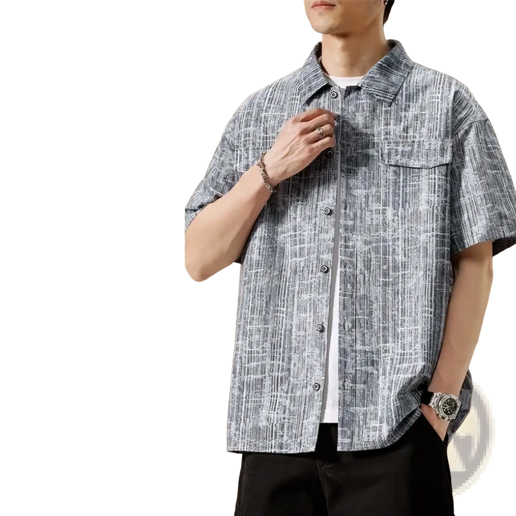 Plus size hip hop short sleeve shirt 8xl in gray and white textured fabric with button-up front and two chest pockets