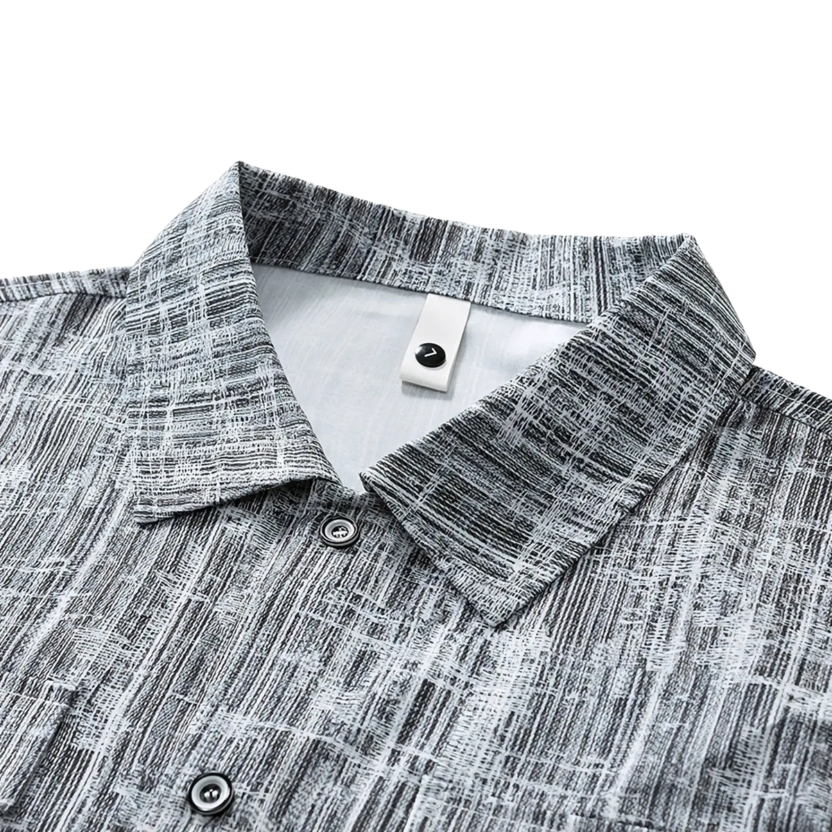 Plus size hip hop short sleeve shirt 8xl with textured gray and white abstract pattern and crisp collar with matching buttons
