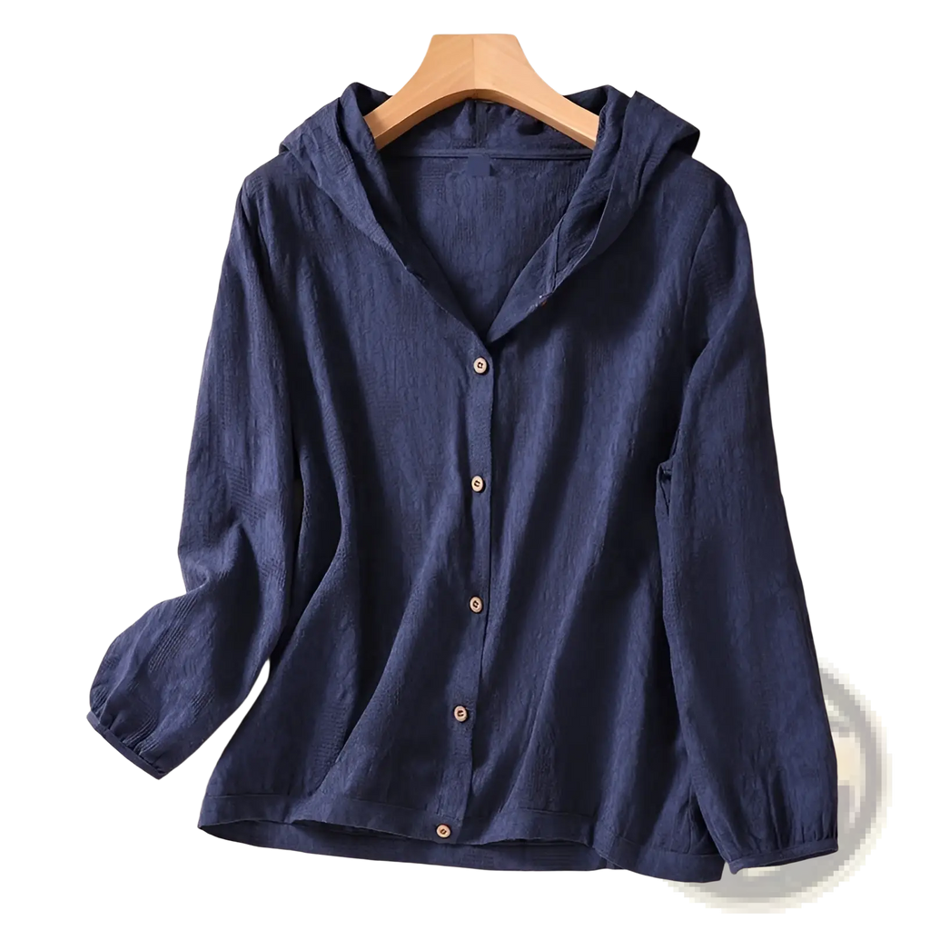 Plus size navy blue hooded button-up blouse in lightweight textured linen fabric with subtle pattern