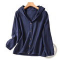 Plus size navy blue hooded button-up blouse in lightweight textured linen fabric with subtle pattern