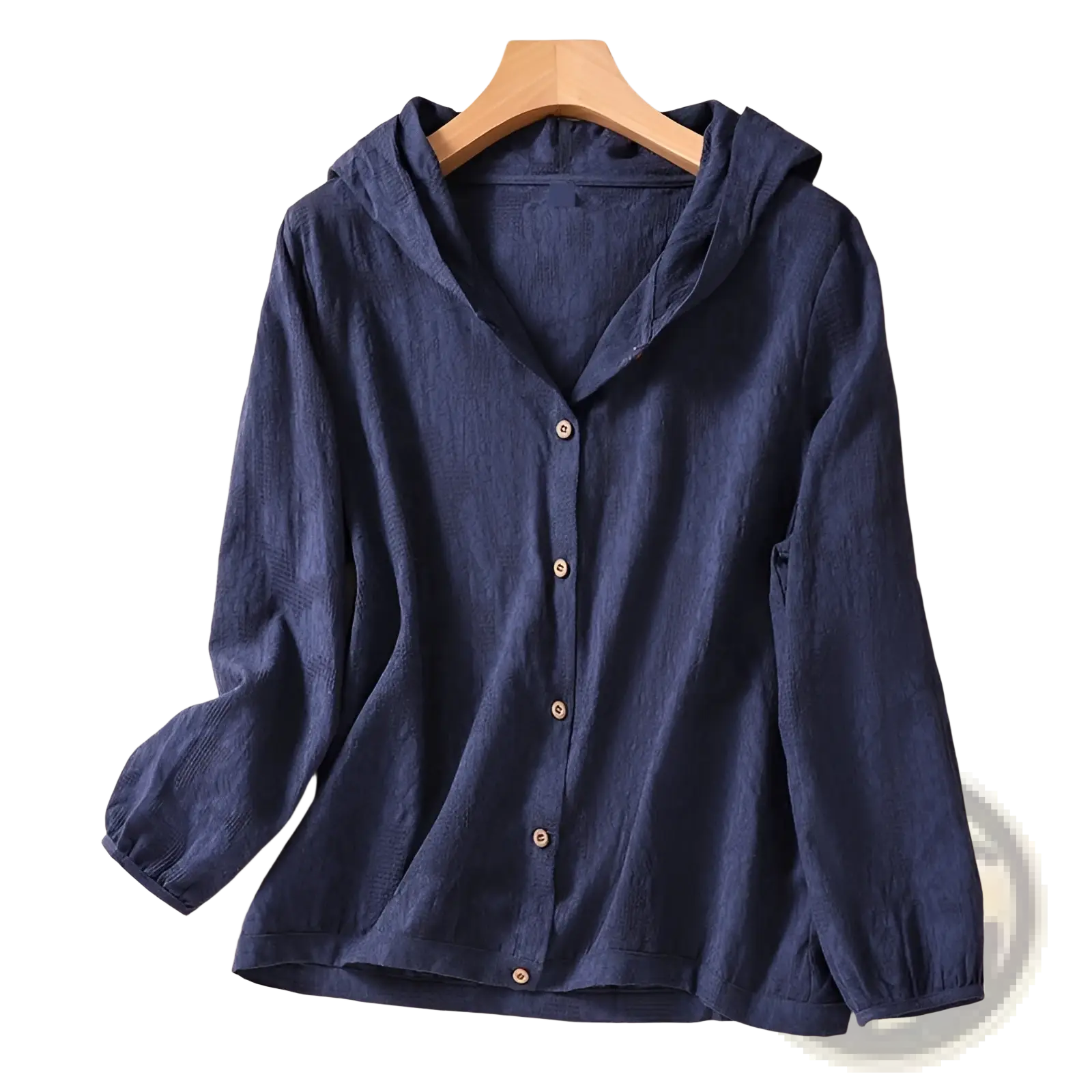 Plus size navy blue hooded button-up blouse in lightweight textured linen fabric with subtle pattern