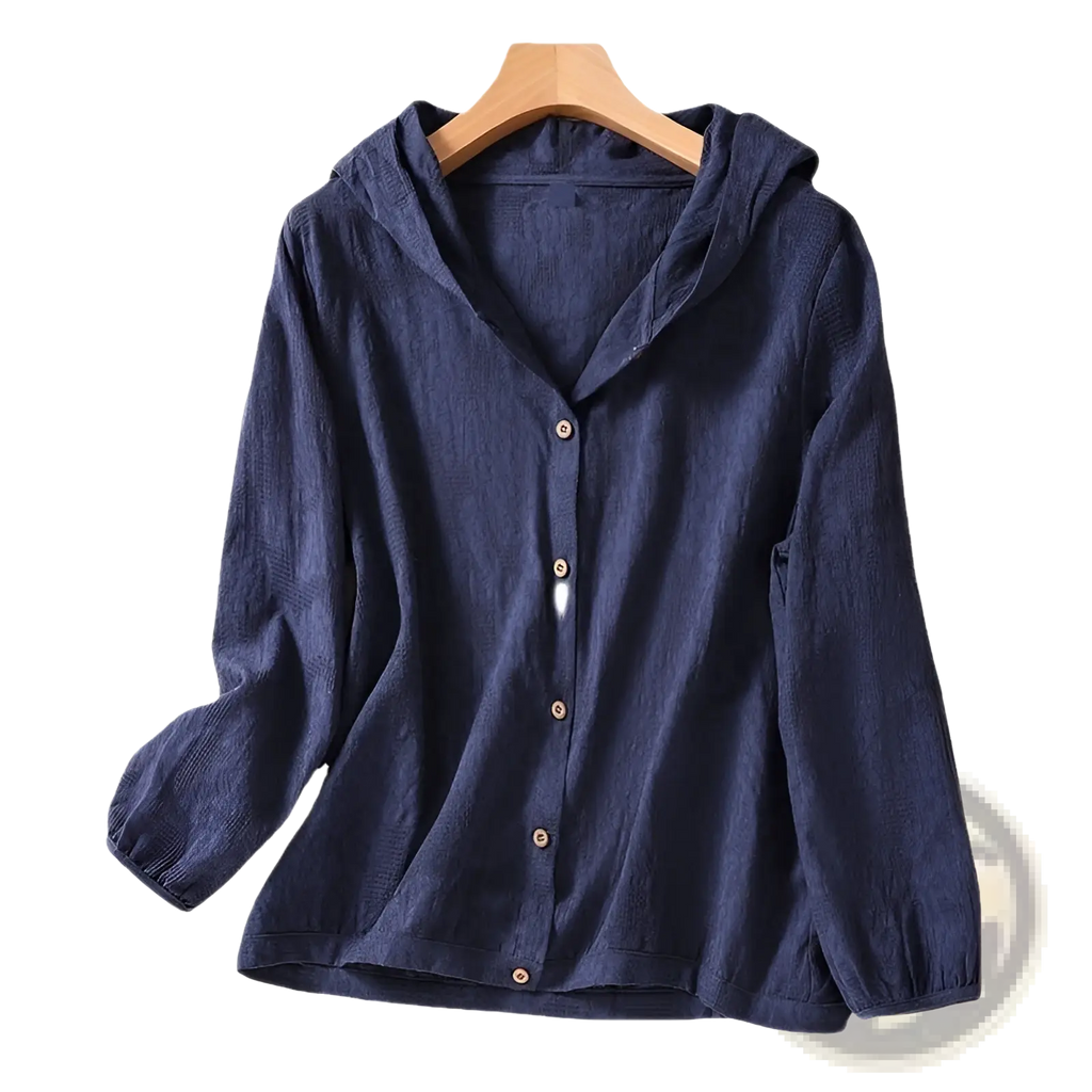 Plus size hooded linen shirt top in dark blue textured cotton with wooden buttons and relaxed fit