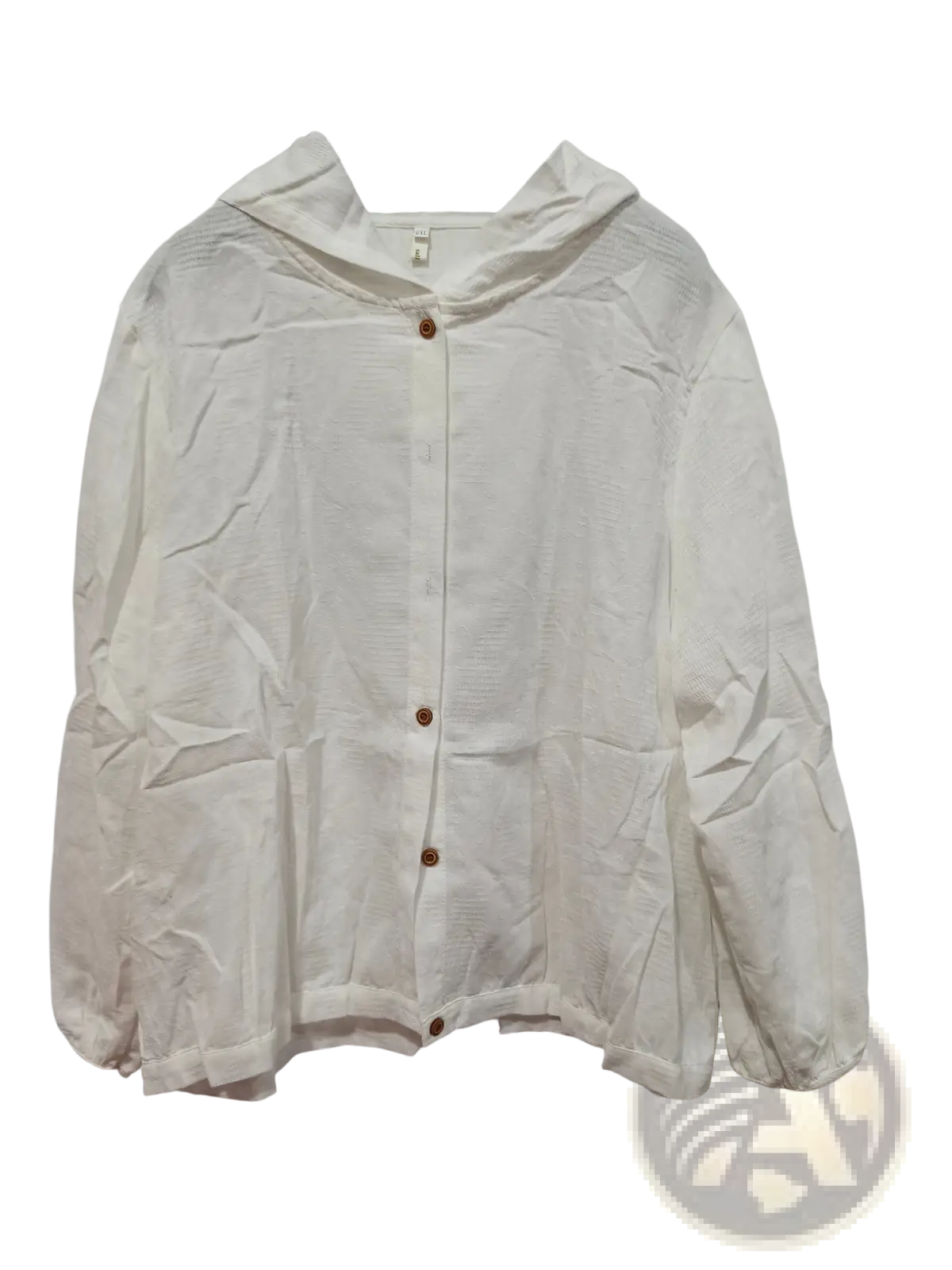 Plus size white hooded linen shirt top with button front design and long sleeves with gathered cuffs