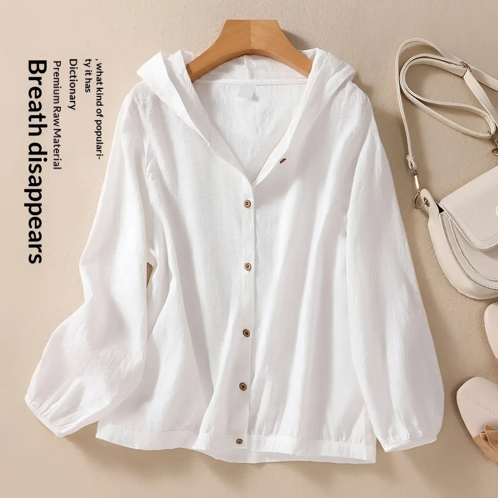 Plus size white hooded linen shirt top with lightweight textured fabric subtle vertical ribbing and brown buttons
